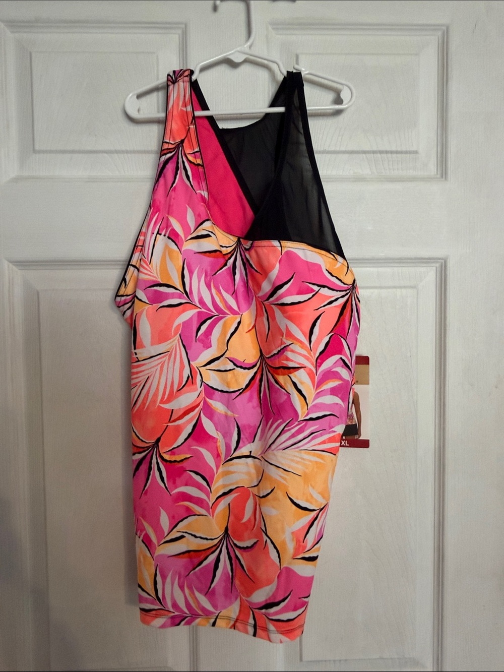 Tropical Pink & Orange Leaf Print swim top